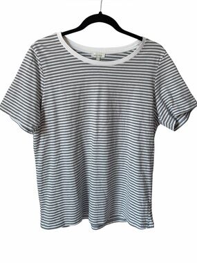Ella Moss White Grey Striped Crew Neck Cotton Tee Women's Large